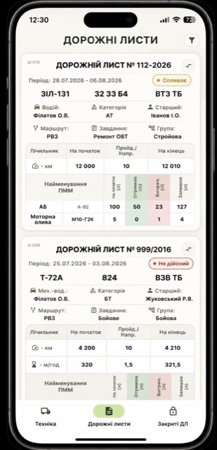 Екран «Техніка» — перелік машин із рівнем пального